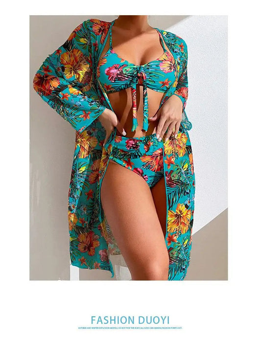 Size S-3XL Bikini Three Pieces Floral Printed Swimsuit Women Bikini Set With Mesh Long-Sleeved Blouse,Bra Top with Pad Swimwear SS69