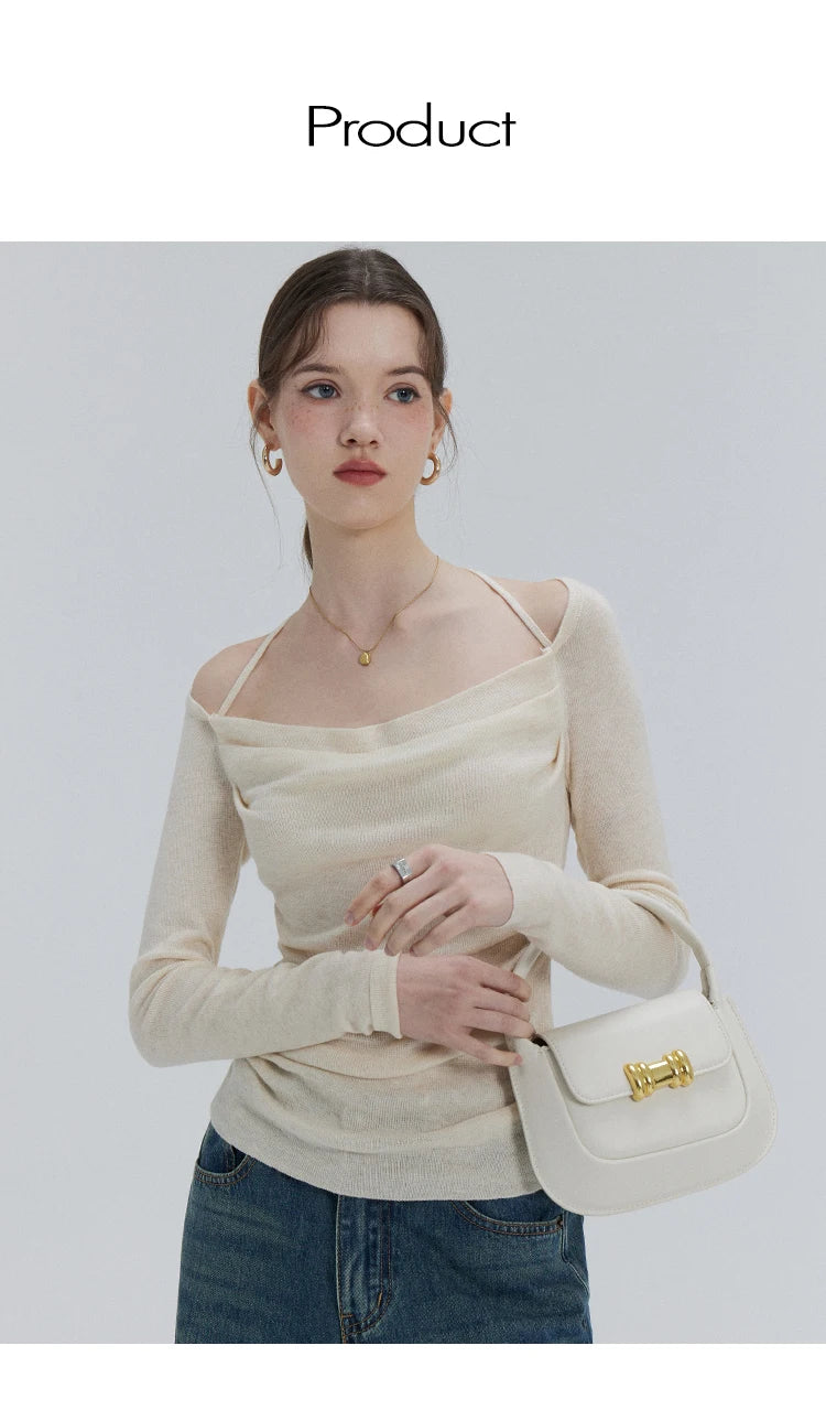 EGGKA Autumn One-shoulder Halter Neck Knitted Tops Women Slim Designer T-Shirts Slash Neck Long Sleeve Tops Korean Fashion Tees SS69