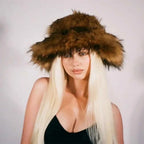 Luxury Fluffy Women Faux Fur Bucket Hats Oversized 17cm Wide Brim Thicken Outdoor Warm Plush Punk Hat Girl Y2k Female Ski Panama