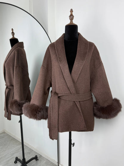 TARUXY Fox Fur Woolen Coats Women's Short Coat Office Lady Removable Elegant Double-sided Wool Overcoat 2025 New Cardigan Jacket