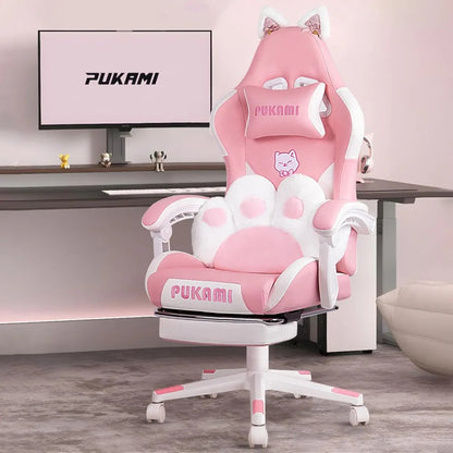 Pink Gaming Chair Cute with Cat Ears and Cat Paw Lumbar Cushion, Ergonomic Computer Chair for Girl with Footrest and Headrest SS69