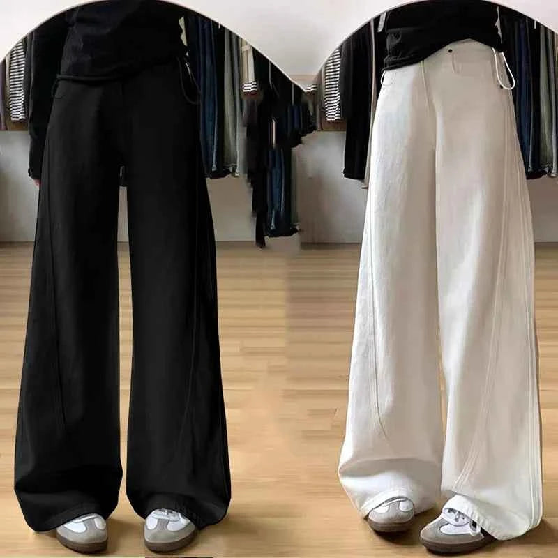 Drawstring Adjustable Maternity Wide-Leg Curve Pants High Waist Belly Support Retro Baggy Trousers for Spring Autumn 3 Colors