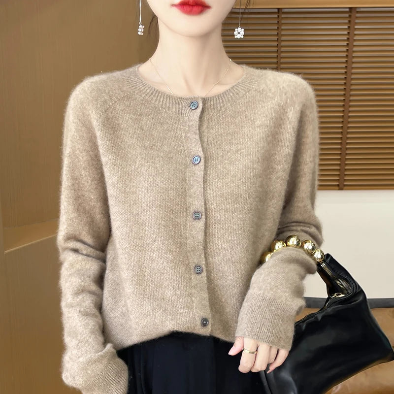 100%Merino Wool Cardigan Women's Round Neck Casual High-Quality AutumnWinter Solid Color Jacket Knit Basic Sweater Pure Wool Top SS69 23.69 camel / S / CHINA