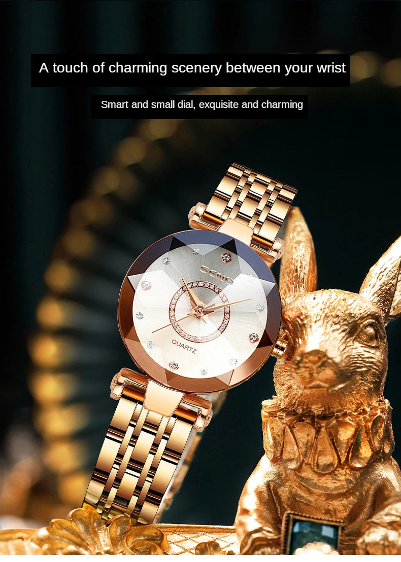 SENO Ocean Star Women Crystal Watch 2024 Top Brand Luxury Rose Gold Women Bracelet Watch for Ladies Wrist Watch Relogio Feminino SS69
