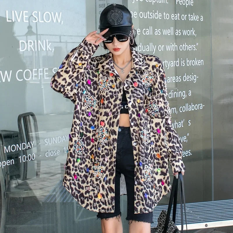 Harajuku Vintage Pearl Beaded Diamonds Leopard Print Women Thin Shirt Jacket Loose Casual Lapel Long Sleeve Female Jacket Coat SS69 76.69 Yellow Leopard / One Size