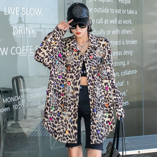 Harajuku Vintage Pearl Beaded Diamonds Leopard Print Women Thin Shirt Jacket Loose Casual Lapel Long Sleeve Female Jacket Coat SS69 76.69 Yellow Leopard / One Size