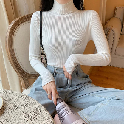 2025 Autumn Winter Women Long Sleeve Knitted Foldover Turtleneck Ribbed Pull Sweater Soft Warm Femme Jumper Pullover Clothes SS69 13.69 One Size / white