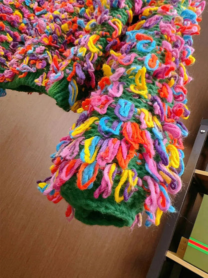 Fringe Crochet Jumper Rainbow Color Handmade Sweater Crew Neck Thick Needles Knit Pullover Knitwear Autumn/Winter Women Clothing SS69