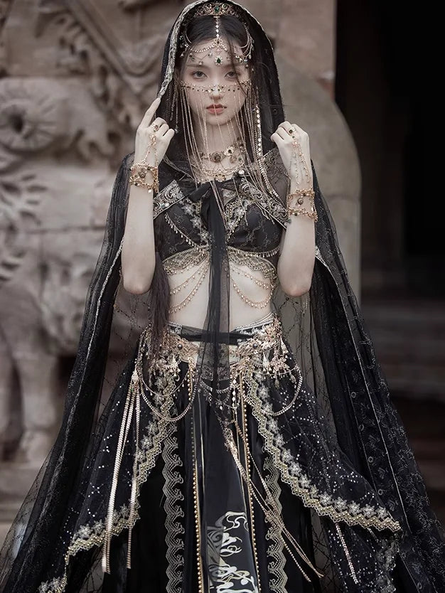 2025 chinese characteristic dunhuang feitian hanfu exotic princess folk dance suit travel photography hanfu clothes+accessories SS69 115.69 black / one size