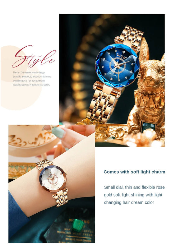 SENO Ocean Star Women Crystal Watch 2024 Top Brand Luxury Rose Gold Women Bracelet Watch for Ladies Wrist Watch Relogio Feminino SS69