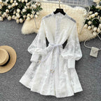SINGREINY Women Elegant Floral Emboridery Dress Hollow Out Long Sleeve Single Breasted Belt French Court Chic Short A Line Dress