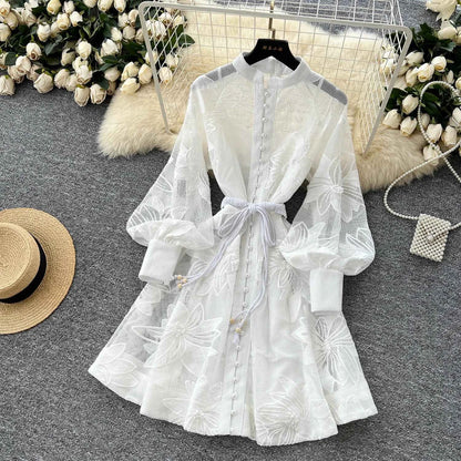 SINGREINY Women Elegant Floral Emboridery Dress Hollow Out Long Sleeve Single Breasted Belt French Court Chic Short A Line Dress