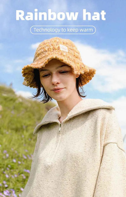 OhSunny Autumn Winter Wavy Brim Bucket Hats,Rainbow Cute Thermal Caps Women's Outdoor Warm Hand-knitted Fisherman Caps Packable