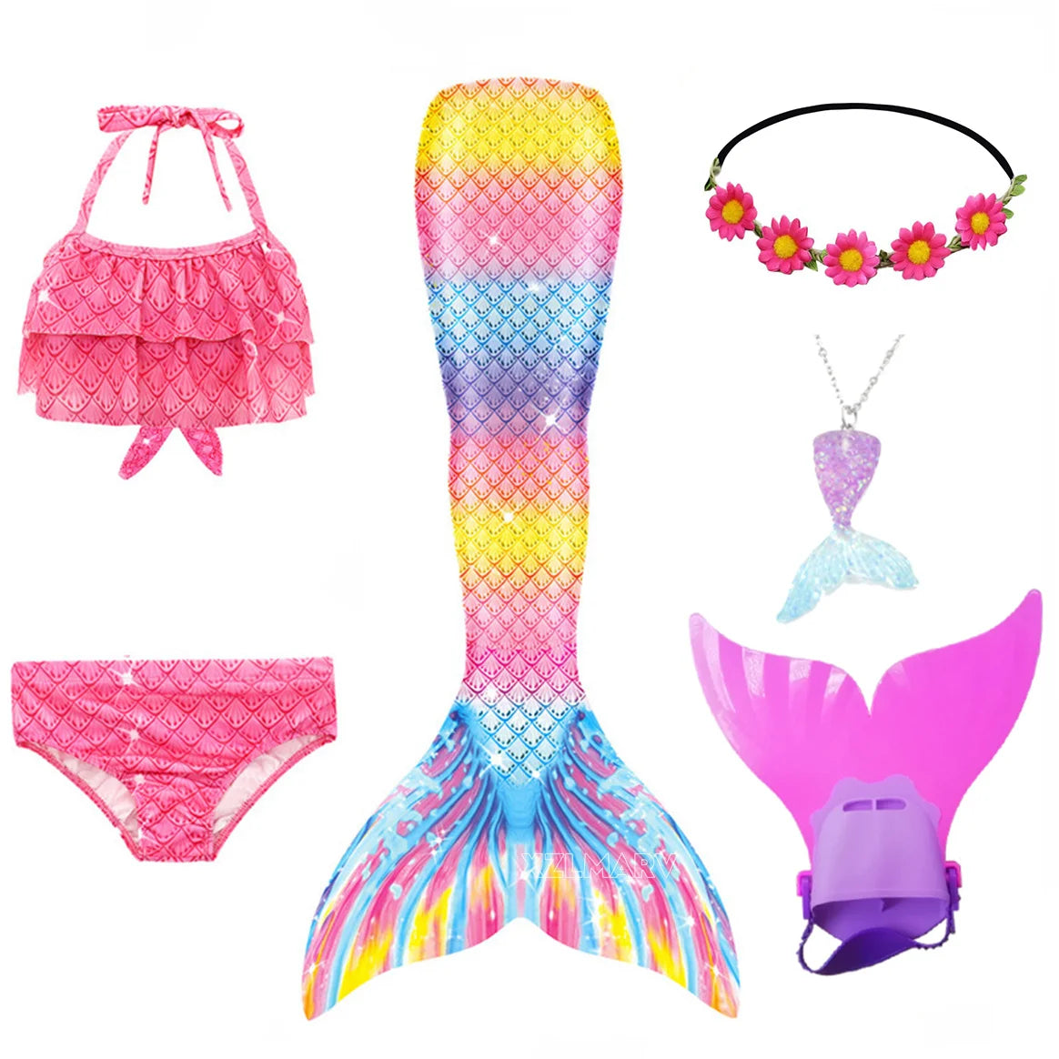ZOCIC Girls Mermaid Tail Swimsuit Set with Top and Skirt for Swimming