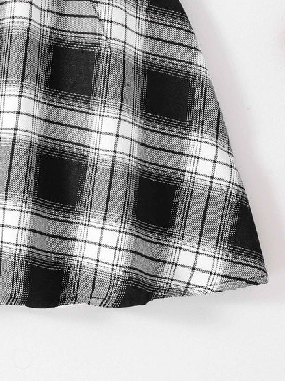 Girls Fashion Casual 2-Piece Set Black Lapel Long-Sleeved Letter Print Shirt Plaid Skirt Spring Autumn New
