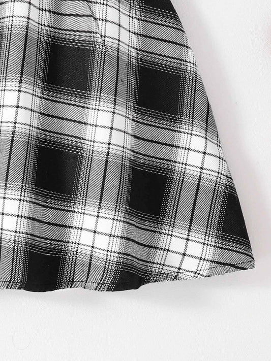 Girls Fashion Casual 2-Piece Set Black Lapel Long-Sleeved Letter Print Shirt Plaid Skirt Spring Autumn New