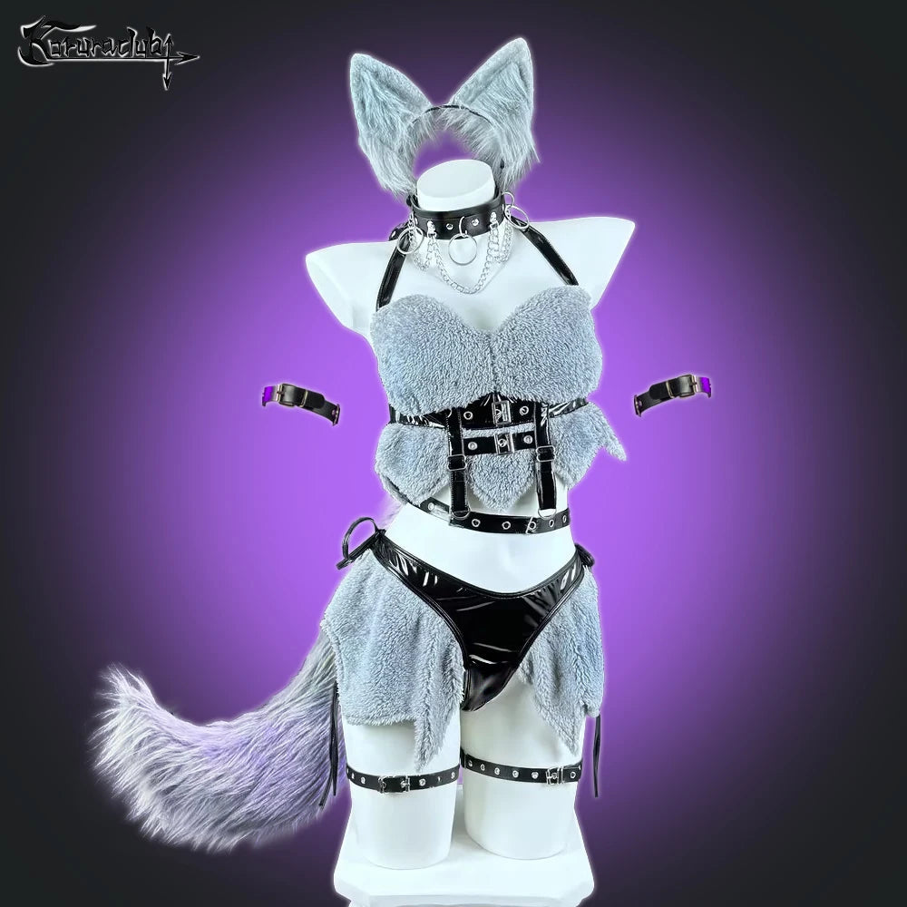 Halloween Women Wolf girl Cosplay costumes Gray lingerie set Leather collar Werewolf Plush underwear SS69