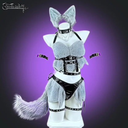 Halloween Women Wolf girl Cosplay costumes Gray lingerie set Leather collar Werewolf Plush underwear SS69