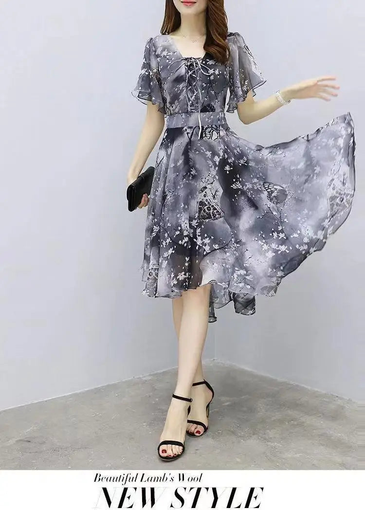 Women floral Chiffon Flower Dress 2026 trends new in Ladies Elegant V Neck short Sleeve korean style Summer Dress Female Clothes