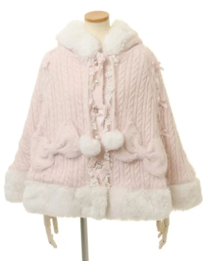Godivana Lolita Faux Rabbit Fur Cape, Batwing Sleeve Hooded Jacket