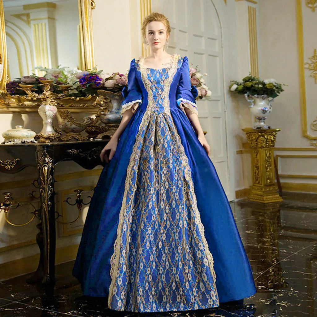 18th Century Medieval Women High Waist Half Sleeve Ball Gowns Princess Lace Patchwork Satin Dress Queen Renaissance Costume SS69