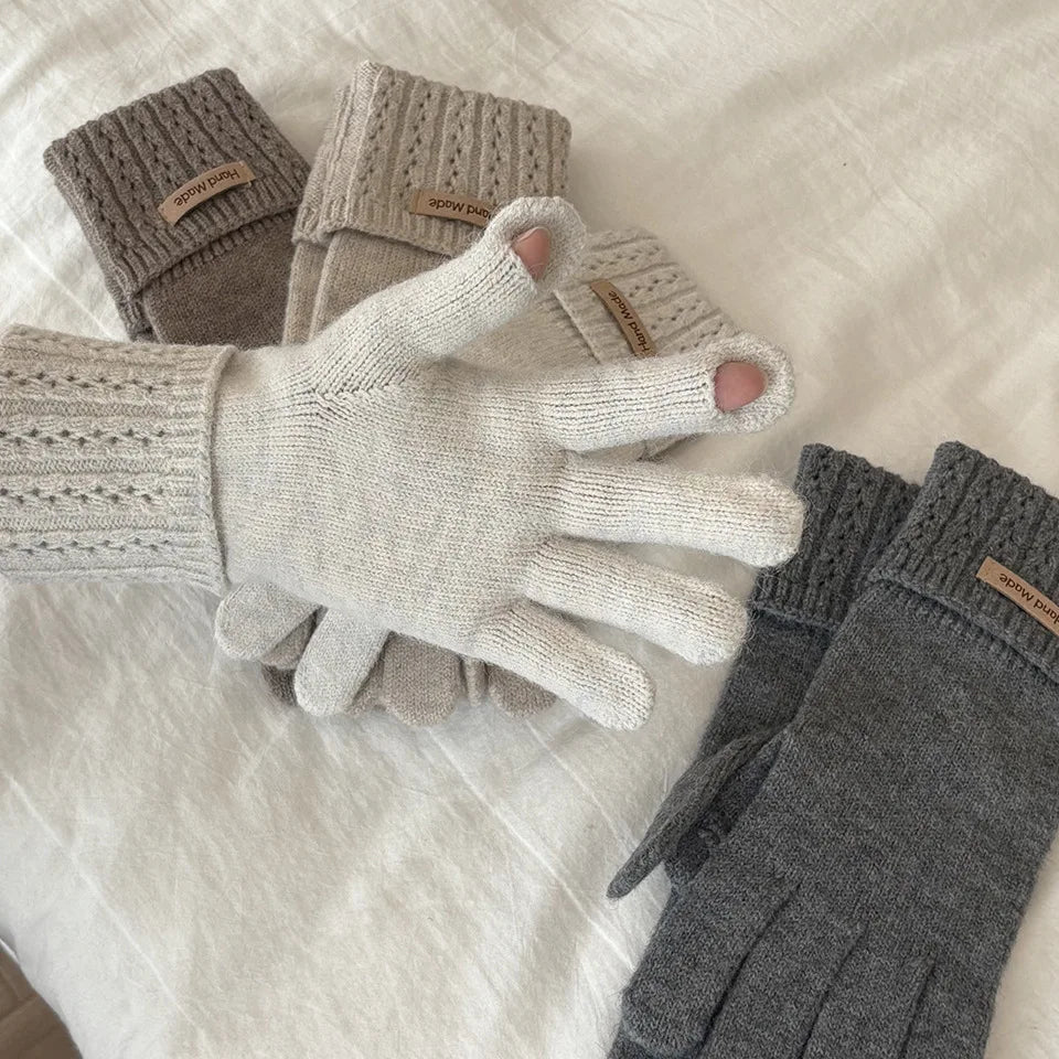 Korean Style High-Quality Women's Knitted Gloves Touch Screen Fingerless Washable Full Finger Gloves