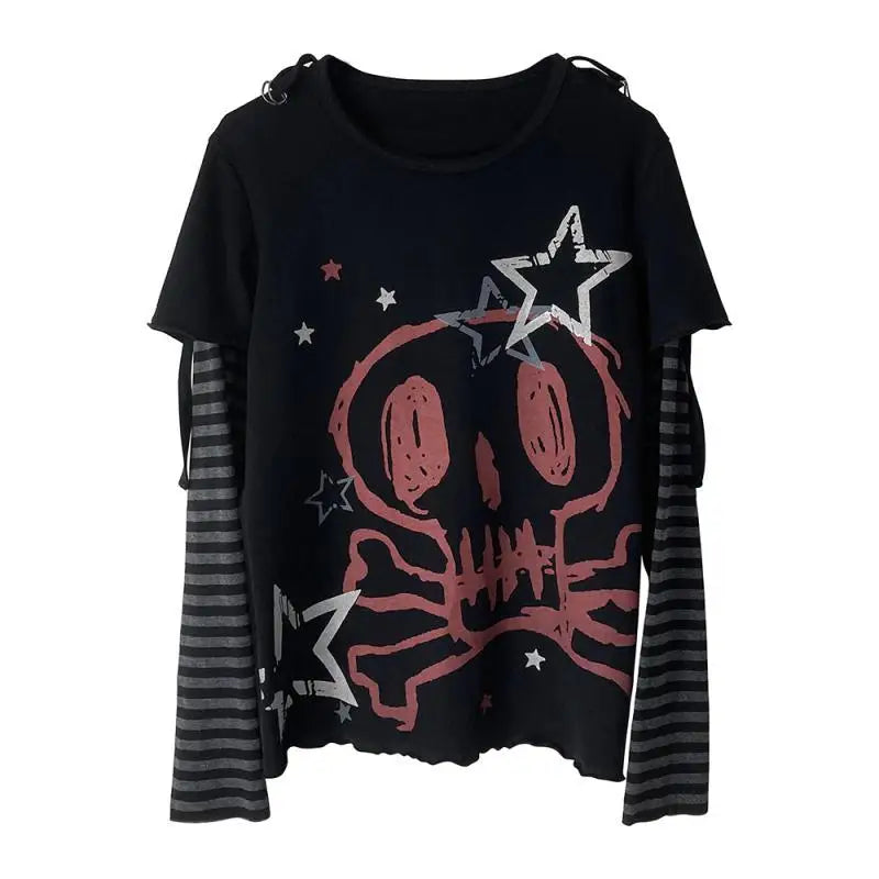 Oversized T Shirt Women's Clothing Chic Fake Two Tees 2025 Ropa Mujer Anime Punk Camisetas Skull Y2k Tops Casual Fashion T-shirt SS69 22.69 Black / XXL