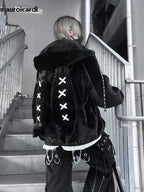 Mauroicardi Autumn Winter Sweet Cute Kawaii Soft Thick Warm Black Faux Fur Coat Women with Bunny Ears Cute Fluffy Jacket Hoodie