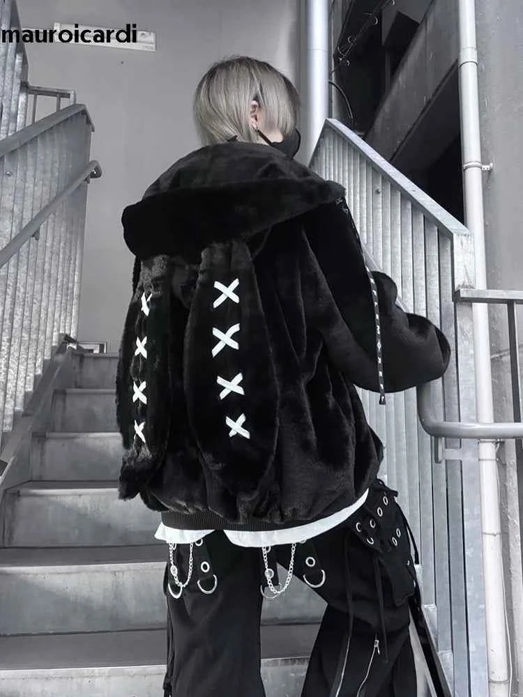 Mauroicardi Autumn Winter Sweet Cute Kawaii Soft Thick Warm Black Faux Fur Coat Women with Bunny Ears Cute Fluffy Jacket Hoodie