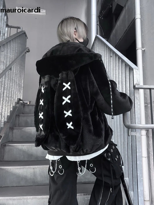 Mauroicardi Autumn Winter Sweet Cute Kawaii Soft Thick Warm Black Faux Fur Coat Women with Bunny Ears Cute Fluffy Jacket Hoodie