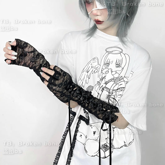 Japanese lolita lace long arm sleeve sweet cool girls lace-up mesh bandage white black arm warmers gloves SS69