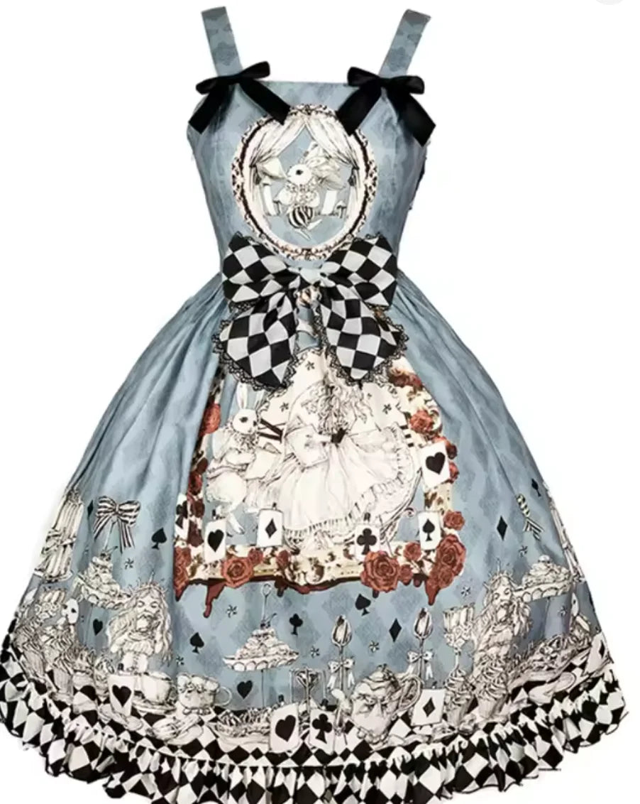 Vintage Gothic Lolita Style Slip Dress Women Harajuku Y2k Sleeveless Dark Bunny Print Party Dresses Girly Kawaii Bow Vestidos