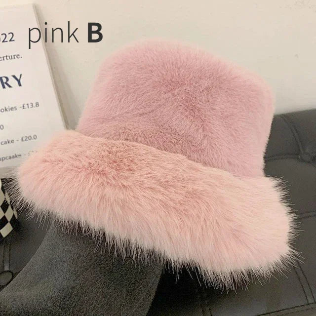 Women's Fluffy Faux Rabbit Fur Bucket Hat - Warm Plush Winter Cap