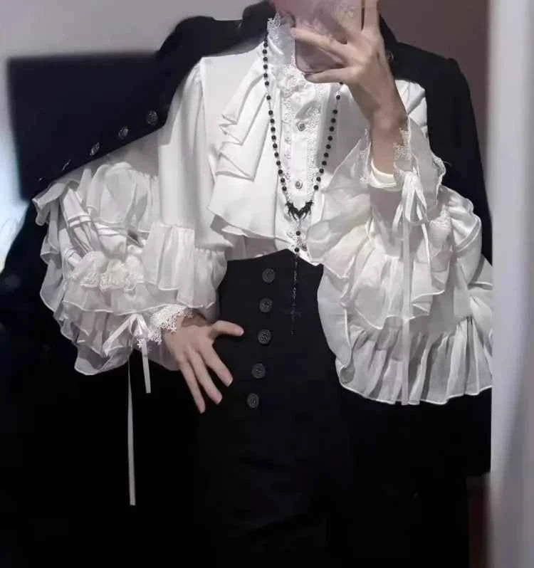 Japanese Kawaii Lolita Blouse Women Vintage Lantern Sleeve Shirt Y2k Aesthetic Lace Patchwork Tops Top Cospaly JK Loose Blusas