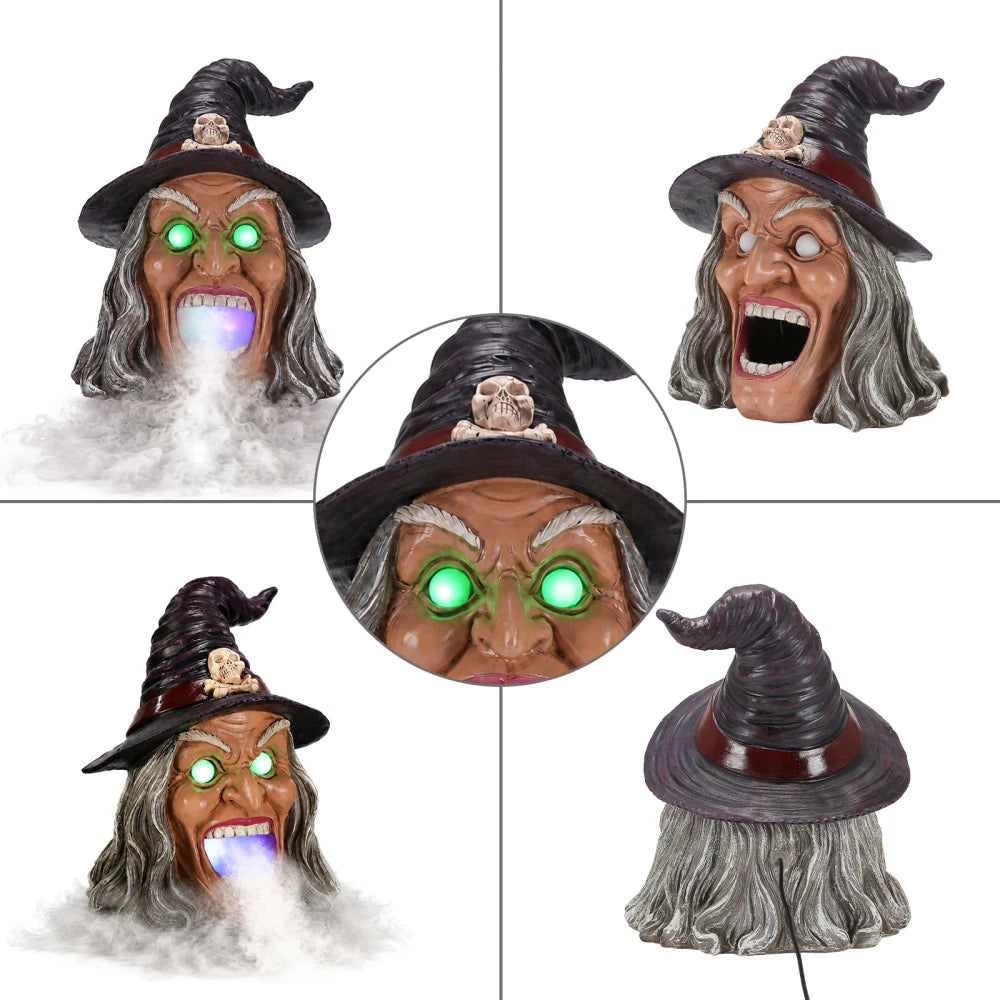 Halloween Witch Head Decor with LED Light and Mist Effect, Spooky Tabletop Decoration with Glowing Eyes