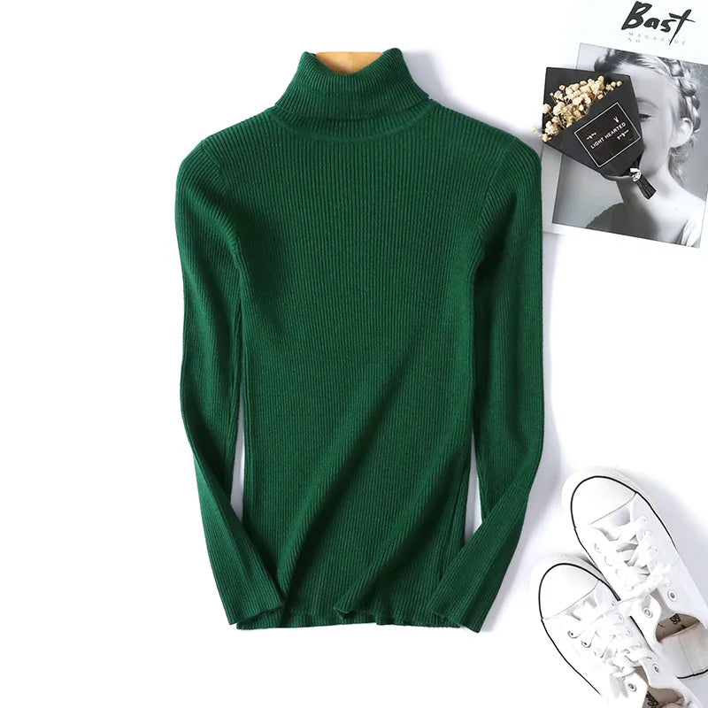 2025 Autumn Winter Women Long Sleeve Knitted Foldover Turtleneck Ribbed Pull Sweater Soft Warm Femme Jumper Pullover Clothes SS69 13.69 One Size / green
