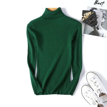 2025 Autumn Winter Women Long Sleeve Knitted Foldover Turtleneck Ribbed Pull Sweater Soft Warm Femme Jumper Pullover Clothes SS69 13.69 One Size / green