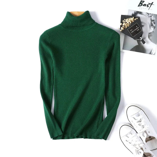 2025 Autumn Winter Women Long Sleeve Knitted Foldover Turtleneck Ribbed Pull Sweater Soft Warm Femme Jumper Pullover Clothes SS69 13.69 One Size / green