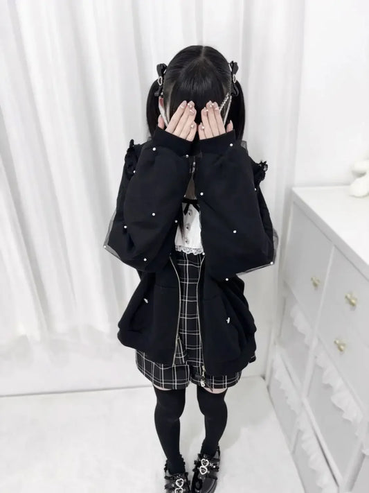 CHUJIECN Women's Japanese Kawaii Bunny Ear Hoodie with Lace and Zipper