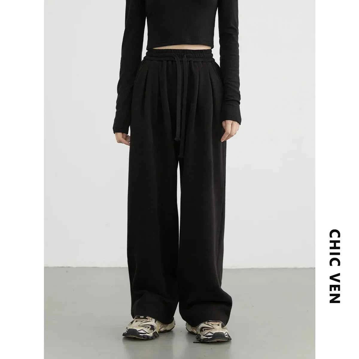 CHIC VEN Women's Pant Streetwear Solid Loose New Drawstring Sports Casual Trousers High Waisted Pants Autumn Winter 2025