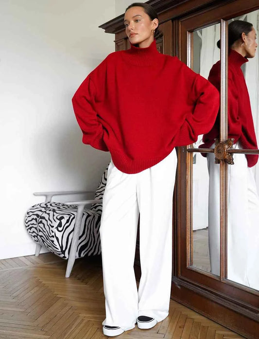 Autumn Women's Knitted Sweater Oversize High Collar Yellow Vintage Pullover Soft Winter Warm Vintage Red Sweaters for Women