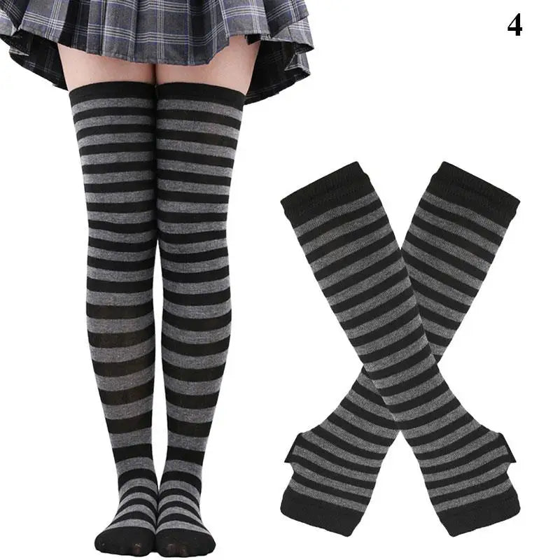 Gothic Striped Over Knee Socks & Arm Warmer Set