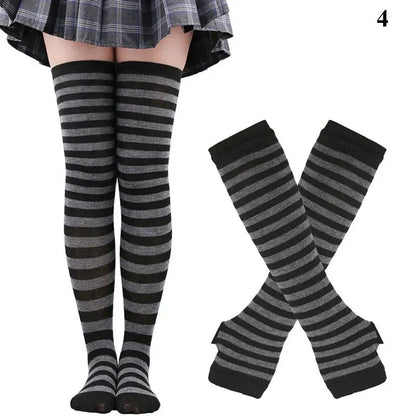 YJSFG HOUSE Women Gothic Striped Over Knee Socks and Arm Warmer Set