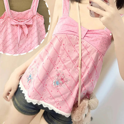 Y2K Women clothing Sweet Tanks Summer 2025 Cute Bow Strap Vest Casual Cartoon Print Camis Fashion Y2k Crop Suspender Lace Tops SS69