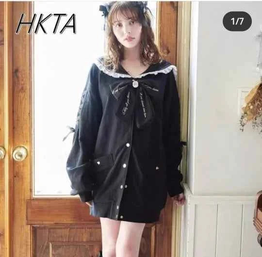 Mine Series Japanese Embroidery Bow Sail Collar Black Long Sweatshirt Coat Women Hoodie Lolita Sweet Girls Pink Hoodies Jacket