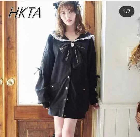 Mine Series Japanese Embroidery Bow Sail Collar Black Long Sweatshirt Coat Women Hoodie Lolita Sweet Girls Pink Hoodies Jacket