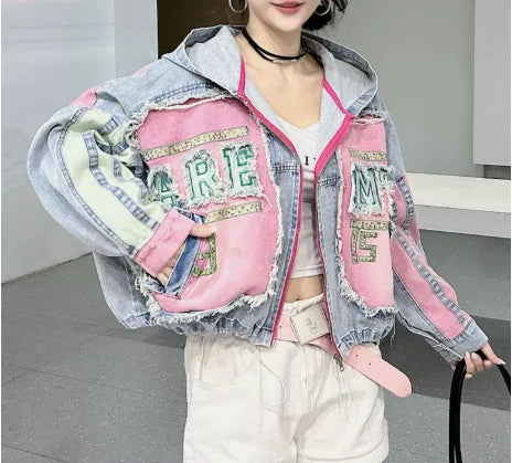Womens Spring New 2026 Splicing Hooded Retro Denim Jacket Fashion Short Loose Versatile Zipper Long Sleeve Street Jackets