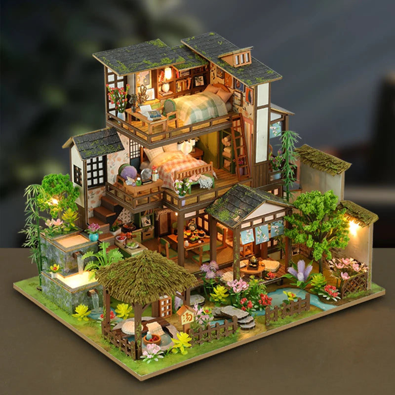 DIY Wooden Bamboo Spring Courtyard Casa Miniature Building Kits Bookend Assembled Dollhouses Bookshelf Home Decor Friends Gifts SS69