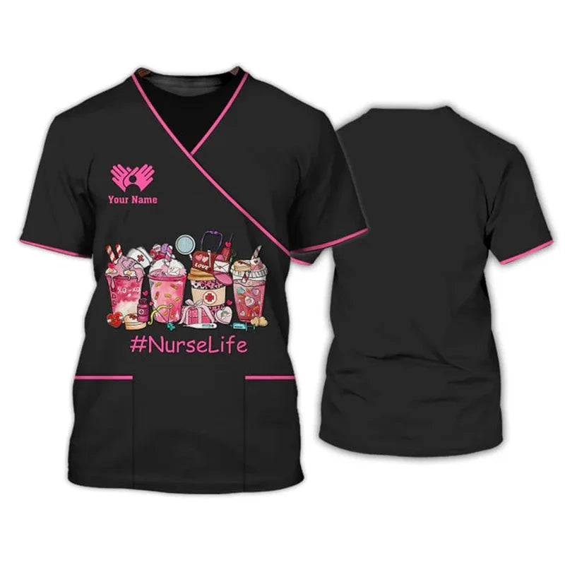 Heart Nurse 3D T Shirt Custom Nurse Uniform Nursing Tools Print Short Sleeve Black Pink Medical Scrubs Clothing Nurse Tshirt SS69