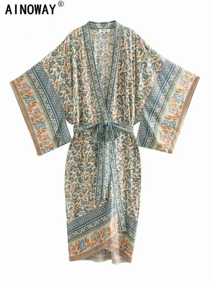 Vintage Chic Women Floral Print Batwing Sleeve Beach Bohemian Kimono Dress Ladies V Neck Summer Boho Robe Cover-ups Vestidos